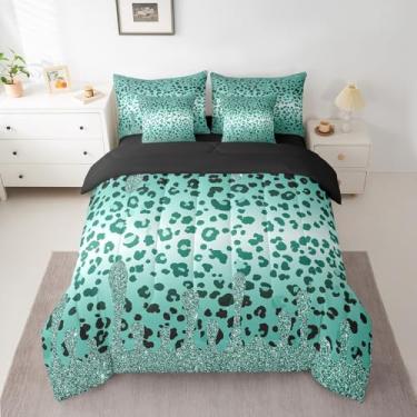 Imagem de Conjunto de cama queen size com estampa de leopardo com glitter, animais verdes e prateados brilhantes, conjunto de cama com 1 edredom, 2 lençóis, 2 fronhas e 2 fronhas