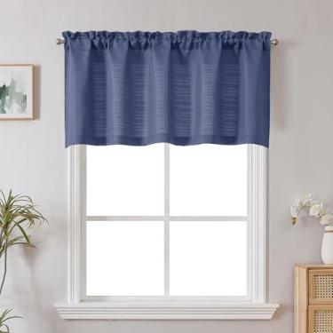 Imagem de Chyhomenyc Cortina curta azul para janelas, cortina de janela HLF de serapilheira texturizada de linho sintético, pequena cortina de janela de banheiro saia de porão de lavanderia, 152 cm L x 61 cm C