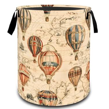 Imagem de VODRM Cesto de lavanderia vintage com mapa de balão de ar quente, cesto organizador de brinquedos para crianças e adultos, cesto de armazenamento impermeável de tecido Oxford para decoração de quarto
