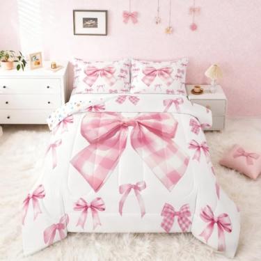 Imagem de Feelyou Conjunto de cama com laço rosa, macio, para meninos e meninas, tamanho solteiro, kawaii, edredom de microfibra, decoração de quarto, 2 peças com 1 fronha