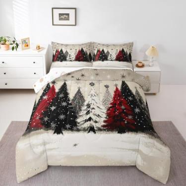 Imagem de Erosebridal Conjunto de edredom completo de árvore de Natal para crianças, Feliz Natal, casa de fazenda rústica, para quarto de meninas, meninos, adolescentes, adultos, floco de neve, ano novo