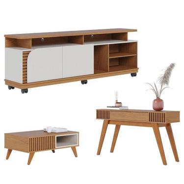 Imagem de Rack Bancada Jurerê 1.8 Com Mesa De Centro Jeri Freijó Off White Matte E Aparador Riviera Freijó – Colibri