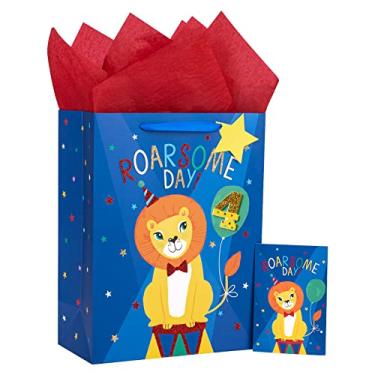Imagem de Loveinside Bolsa de presente de leão de aniversário com papel de seda, etiqueta de presente e cartão comemorativo para aniversário, festa, chá de bebê e mais - 25,4 cm x 12,7 cm x 33 cm, 1 peça - Leão