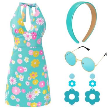 Imagem de SATINIOR 4 peças de fantasia hippie feminina dos anos 60 e 70, roupa de discoteca retrô, brincos descolados, faixa de cabeça, vestido de óculos de sol para festa de Halloween, Médio, M
