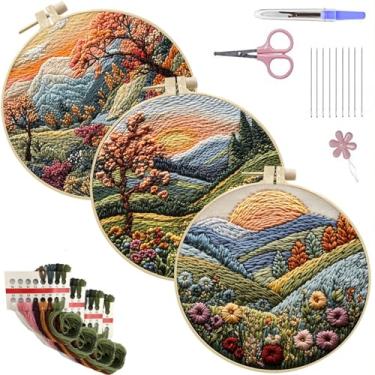 Imagem de SCECALA Pacote com 3 kit de bordado floral para paisagens – Kit de bordado à mão de flores e montanhas para iniciantes com padrão, suprimentos completos de ponto cruz, artesanato faça você mesmo para