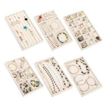 Imagem de Dntorx Bandejas organizadoras de joias empilháveis, 6 conjuntos de gaveta de joias de veludo, bandejas organizadoras, estojo de exibição de joias com divisórias removíveis para brinco, colar, anéis