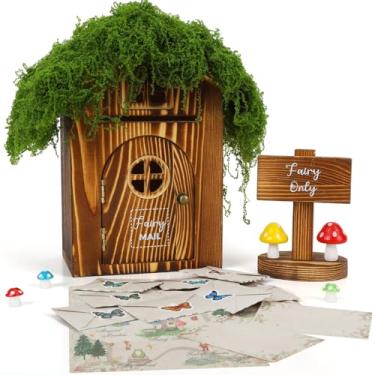Imagem de JULEASEL Caixa de correio Woodland Fairy com telhado de musgo falso – conjunto de caixa de correio de madeira mágica com 30 letras de fadas, envelopes, mapa do país das fadas e cogumelos - decoração