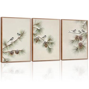 Imagem de LHIUEM Arte de parede em tela de pássaros de Natal de inverno vintage imagens de pássaros nevados emoldurados conjunto de 3 (30 x 40.6 cm) beija-flor pinho cone ramo decoração deixe neve inverno cena
