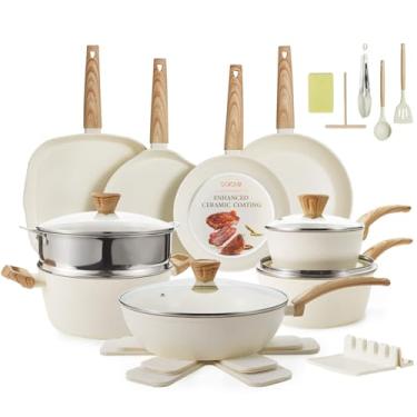 Imagem de Conjunto de panelas e frigideiras antiaderentes de cerâmica conjunto de cozinha não tóxico com utensílios de vaporizadores compatíveis com indução, livre de PFAS/PFOA, seguro para forno e lava-louças