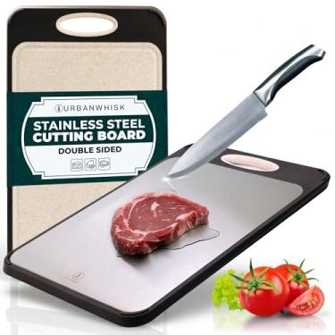 Imagem de UrbanWhisk Tábua de corte dupla face de aço inoxidável – reversível, resistente a arranhões, manchas, leve, segura para lava-louças, tábuas de corte de aço inoxidável para cozinha – Ideal para carne