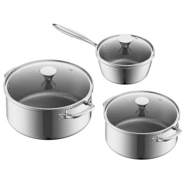 Imagem de Conjunto de panelas e frigideiras de aço inoxidável, conjunto de panelas antiaderentes de 6 peças, conjunto de panelas de 1, 2 e 4 litros com tampas de vidro, alça para manter frio, adequado para