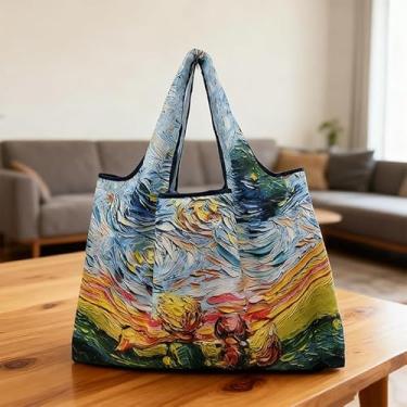Imagem de 1 bolsa de compras dobrável, estilo pintura a óleo para mulheres, bolsa de ginástica de grande capacidade, lavável à mão, estilo 3