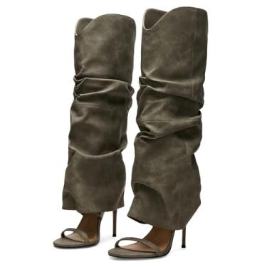 Imagem de Yishaweiqi Salto alto franzido despojado para mulheres, sem fecho, sandálias de cano alto, bico aberto, salto agulha, Verde, 41