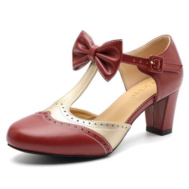 Imagem de Rjclyh Sapatos femininos Mary Jane com tira em T com laço, bico redondo, vintage, salto médio, recorte para festa escolar Lolita Cosplay, Borgonha e ouro, 36