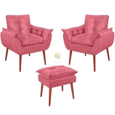 Imagem de Kit 2 Poltronas Decorativas Opala + Puff Opala Vit Decor – Fibra Siliconada, Suede Premium, Pés Palito, Sala, Quarto, Recepção Bege (Rosé)