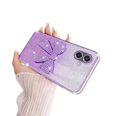 Imagem de TSAYGFK Capa compatível com Galaxy A07 de 5 g para meninas e mulheres, cristal TPU macio, brilhante, fofo, com glitter, laço 3D com cordão, capa protetora à prova de choque para Samsung A 07, violeta