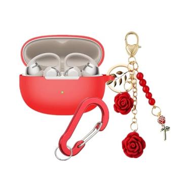 Imagem de Capa para SHOKZ OpenDots ONE Capa com chaveiro de flor, capa protetora de silicone macio fofo para fones de ouvido abertos OpenDots ONE E310 com mosquetão para mulheres e meninas (vermelho)