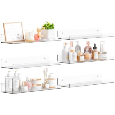 Imagem de Yieach Pacote com 6 prateleiras de acrílico de 38 cm para parede, banheiro, quarto - com adesivo - prateleiras flutuantes transparentes sem perfuração para Funko Pop, Lego, bonecos de ação, esmalte de