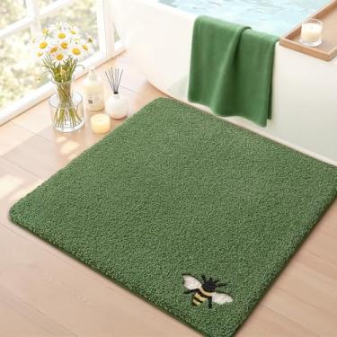 Imagem de LUMI Tapetes de banheiro de abelha fofa, tapete de banho quadrado macio absorvente, antiderrapante, lavável na máquina, secagem rápida, tapete de luxo verde para quarto de crianças, banheira