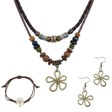 Imagem de Colar de Contas Madeira em Camadas com Brincos de Flor Vazada & Pulseira, Acessórios Boho Hippie Unissex Joias Boêmias para Homens e Mulheres