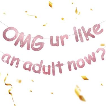 Imagem de OMG UR Banner Like an Adult Now – Decorações engraçadas de aniversário de 18 anos para meninas e meninos, faixa de festa de aniversário de 18 anos com glitter, suprimentos de pano de fundo
