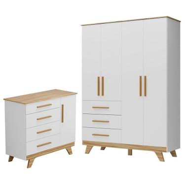 Imagem de Jogo De Quarto Infantil Retrô Guarda Roupa E Cômoda Branco Brilho/amêndoa - Móveis Peroba