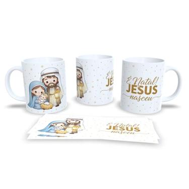 Imagem de Caneca Natalina com Presépio, Jesus O Verdadeiro Sentido do Natal, Cerâmica Branca, Decoração Religiosa com Arte Dourada, 325ml (23178)