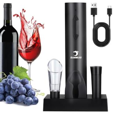 Imagem de SANMAS Conjunto de abridor de vinho elétrico recarregável, saca-rolhas automático 5 em 1 com cortador de folha e despejador de aerador de vinho, 2 rolhas a vácuo, cabo tipo C e suporte | Kit completo