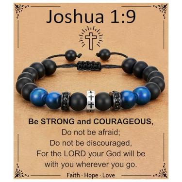 Imagem de Esrial Pulseira de cruz para homens, presentes de Natal para homens, pulseira de contas cruzadas, aniversário, batismo, presentes cristãos para filho, neto, irmão, sobrinho, 5.5in, Cobre, Ágata