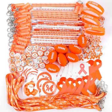 Imagem de Hollowfly 400 Pcs Orange Ribbon Kidney Awareness Item Includes Ribbon Awareness Silicone Wristbands Key Chains Pencil Cutout Lanyards Button Pin Rugby Sticker for Charity Fundraising Party Supply
