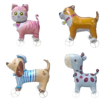 Imagem de Conjunto de 4 balões de animais de desenho animado com rodas, balões infláveis grandes de alumínio para decoração temática de festa de aniversário, gato, cachorro, girafa (várias cores)