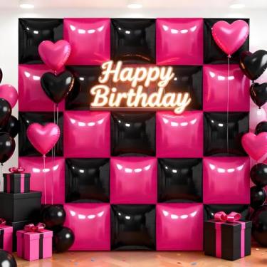 Imagem de 36 peças de fundo de parede de balões quadrados rosa choque e preto, balões metálicos dupla face túnel arco guirlanda kit para cabine de fotos, aniversário, casamento, Halloween, Natal, festas