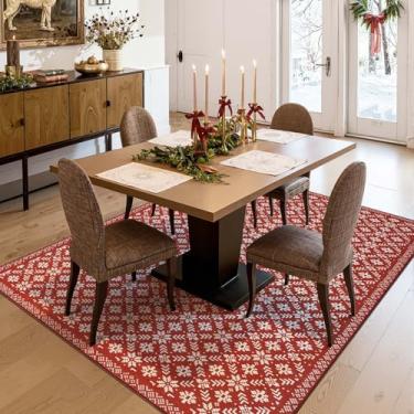 Imagem de jinchan Tapete de Natal com aparência de malha, 12 x 18 cm, para sala de estar, quarto, vermelho, para sala de jantar, hall de entrada, Natal, clássico, estampa de floco de neve, decoração de Natal