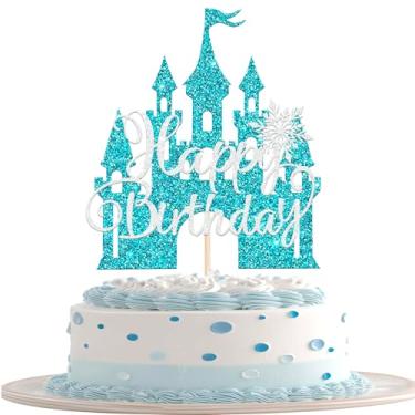 Imagem de 1 Pack Castle Happy Birthday Cake Topper Snowflake Cake Pick Queen Princess Decoration for Winter Frozen Snowflake Baby Shower Wedding Birthday Party Cake Decorations Supplies Blue