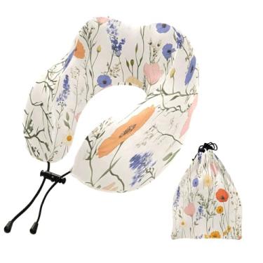 Imagem de CEBUGI Travesseiros de viagem portáteis em forma de U, travesseiro de pescoço de espuma viscoelástica com trava de corda ajustável para avião, viagem, trem, negócios, escritório, soneca (flores)
