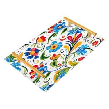 Imagem de Wassud Bandeja de banheiro com estampa de flores coloridas com alças, organizador de perfume de joias de acrílico para banheiro, quarto, cozinha, balcão de 30 x 20 cm