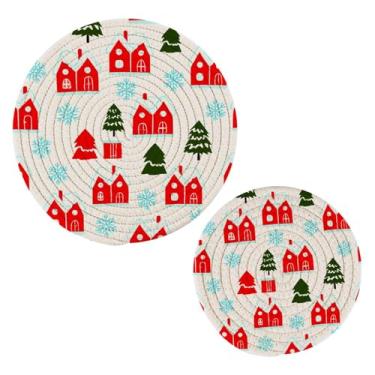 Imagem de Wassud Trivet de casas vermelhas simples para pratos quentes suportes de panela redondos de algodão almofadas quentes elegantes porta-copos decoração de cozinha e acessórios, 2 peças