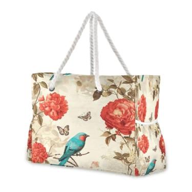 Imagem de Wassud Bolsa de praia grande para mulheres, turquesa, pássaros e flores, impermeável, à prova de areia, bolsa de viagem com zíper e bolso para piscina, academia, acampamento