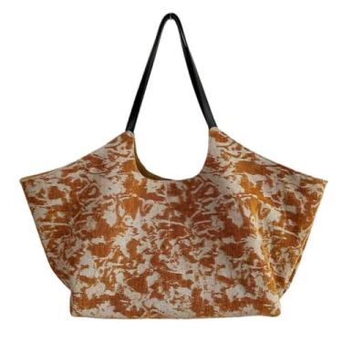 Imagem de Bolsa grande, estampa abstrata marrom e bege, material de lona, alças de ombro pretas