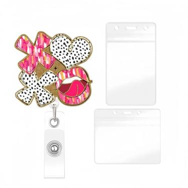 Imagem de YIHONGYAN - Carretel de crachá de férias, porta-crachás, retrátil, clipes giratórios, carretéis engraçados, lábios vermelhos em pó dourado, design XOXO para mulheres, enfermeiras, médicos, presentes