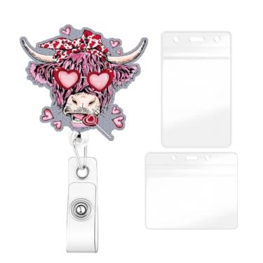 Imagem de YIHONGYAN - Carretel de crachá de férias, porta-crachás, retrátil, clipes giratórios, carretéis engraçados, coração, rosa, óculos de sol, design de vaca para mulheres, enfermeiras, médicos, presentes