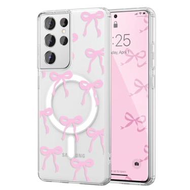 Imagem de UEEBAI Capa magnética para Samsung Galaxy S21 Ultra 5G, capa de arco compatível com MagSafe, fita fina transparente sem fio, capa protetora antiamarelamento à prova de choque para mulheres e meninas