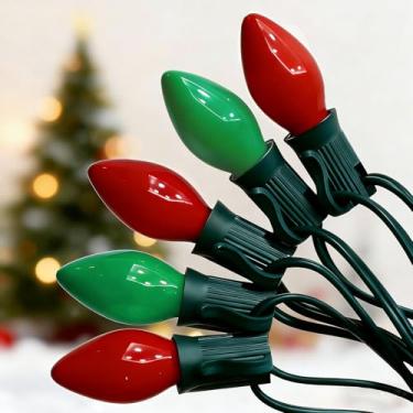 Imagem de Oviejo Cordão de luzes vermelhas e verdes de Natal C7, 6 m, vermelho e verde, decoração de luzes de Natal vintage com 27 lâmpadas incandescentes de 5 W para decoração noturna de casa de Natal