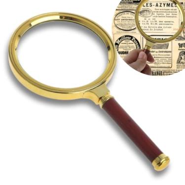 Imagem de Lupa Vintage Lente de Aumento 90mm Retrô com Cabo Marrom e Aro Dourado, Ampliação 10x, Ideal para Leitura e Visualização Detalhada, 17.5cm de Comprimento