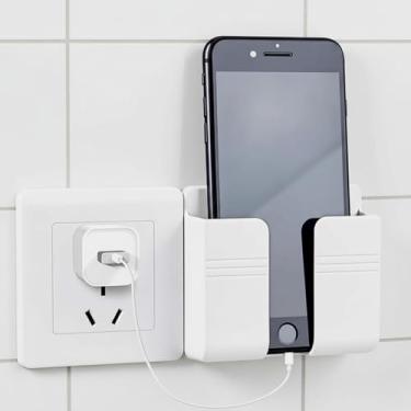 Imagem de 4 peças de suporte de telefone montado na parede, suporte de telefone com autoadesivo, armazenamento para controle remoto de TV e ar condicionado (branco, 4 peças)