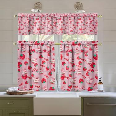 Imagem de Tapesb Conjunto de 3 peças de cortinas e sanefas de cozinha de morango para janelas de cozinha, decoração de casa de fazenda, decoração sobre pia 69,8 x 91,4 cm