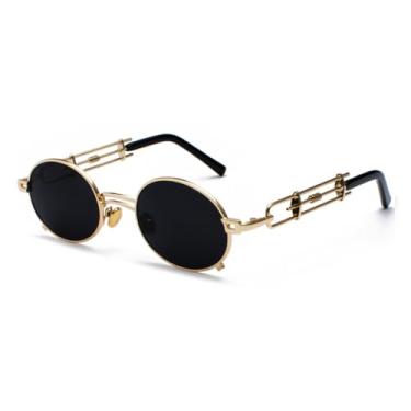 Imagem de JRLLFD Óculos de sol steampunk masculino, armação de metal retrô, dourado, preto, oval, UV400 (dourado, cinza)