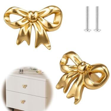 Imagem de 2 maçanetas de armários em forma de laço, puxadores de gaveta de arco de latão maciço dourado, puxadores de gaveta, alça de cômoda de arcos decorativos, puxador de cômoda vintage para armários e