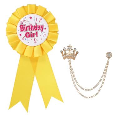 Imagem de PATIKIL Broche de botão de mulher de aniversário, alfinetes de crachá de fita de prêmio de tecido de cetim e broche de corrente pendurada em coroa para decoração de festa de aniversário, One Size
