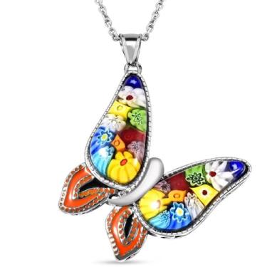 Imagem de SHOP LC DELIVERING JOY Colares femininos de borboleta de vidro Millefiori estilo Murano - Colares Boho coloridos para mulheres na moda - Joias de praia aniversário presentes de noivado de aço